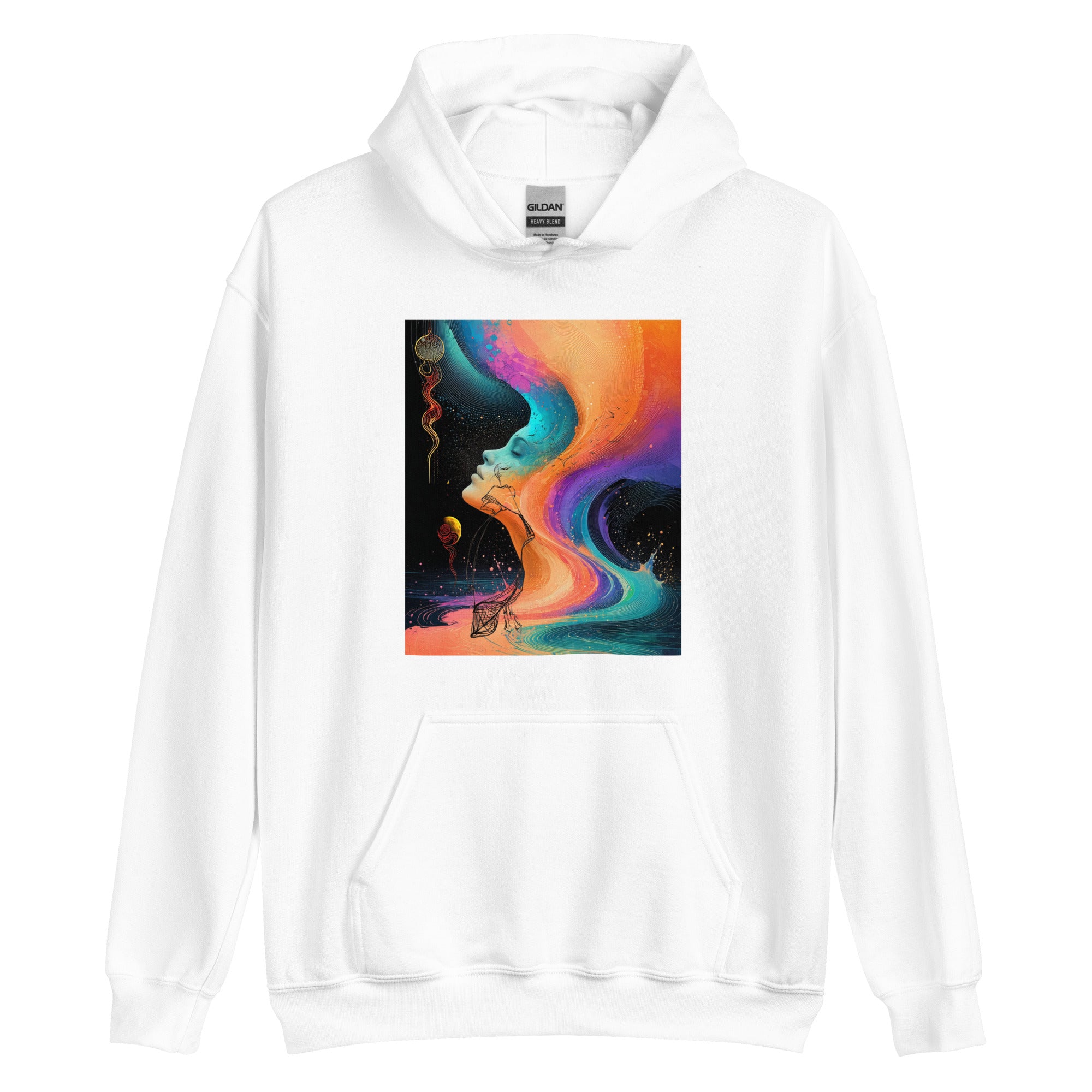 Contemporary hoodie with expressive abstract art graphic in rich vibrant tones