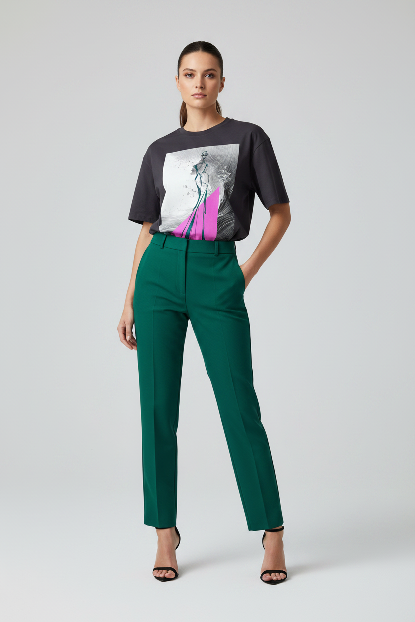 Woman wearing a black graphic t-shirt and green pants on a white background
