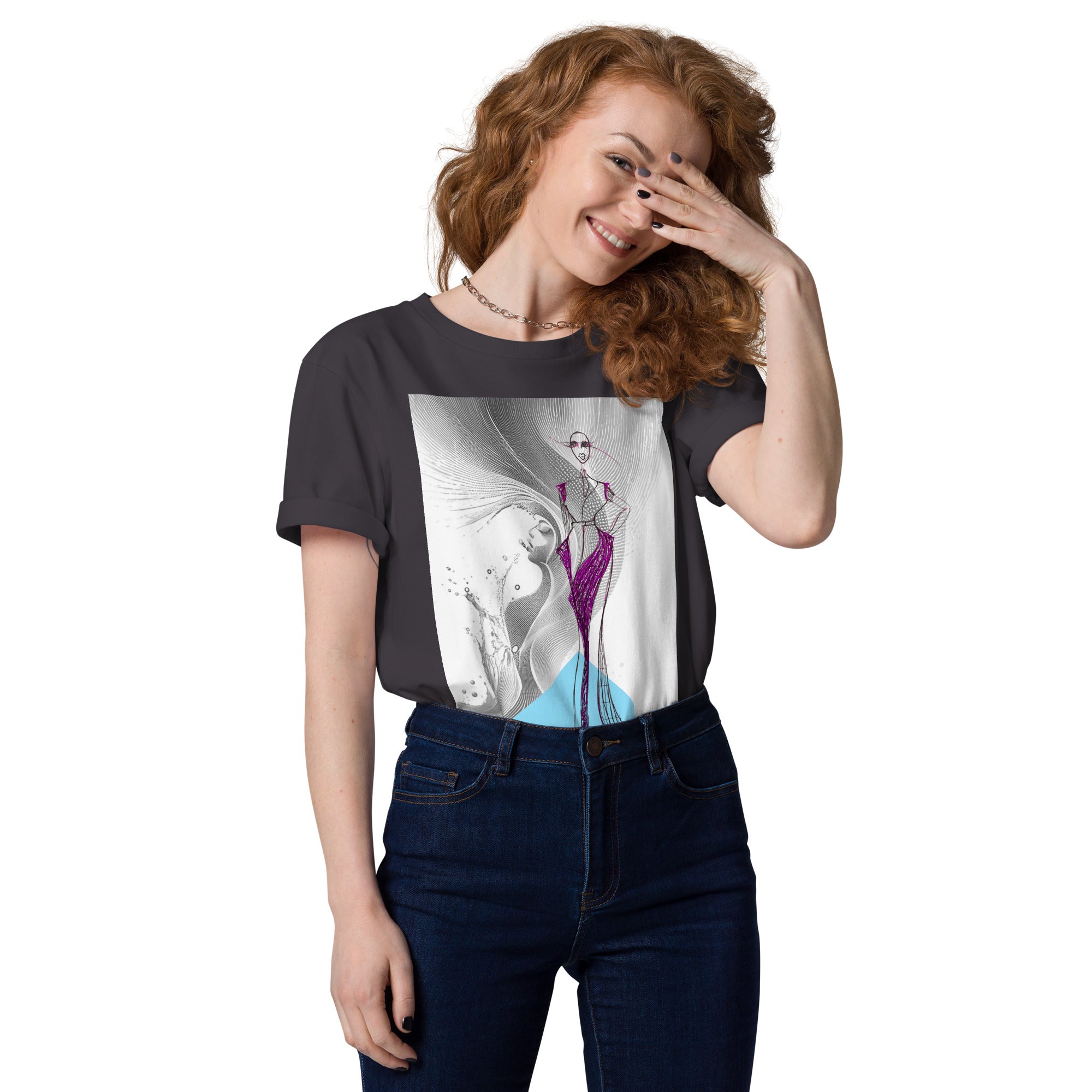 wearable art t-shirt magenta flowing figure design