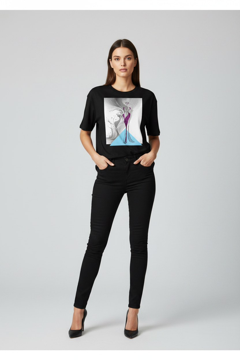 Woman wearing a black t-shirt with a graphic design on a plain background
