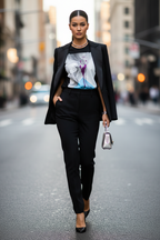 A woman walking down a city street wearing a black blazer and black trousers over a black graphic T-shirt with a white, gray, and purple print. She is holding a small metallic silver handbag.