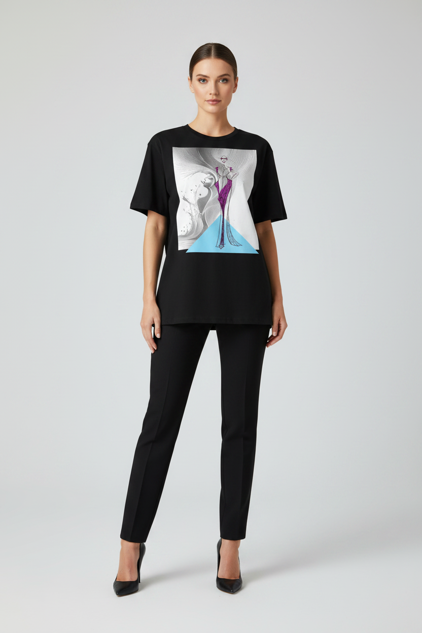 Woman wearing a black t-shirt with a graphic design and black pants on a white background