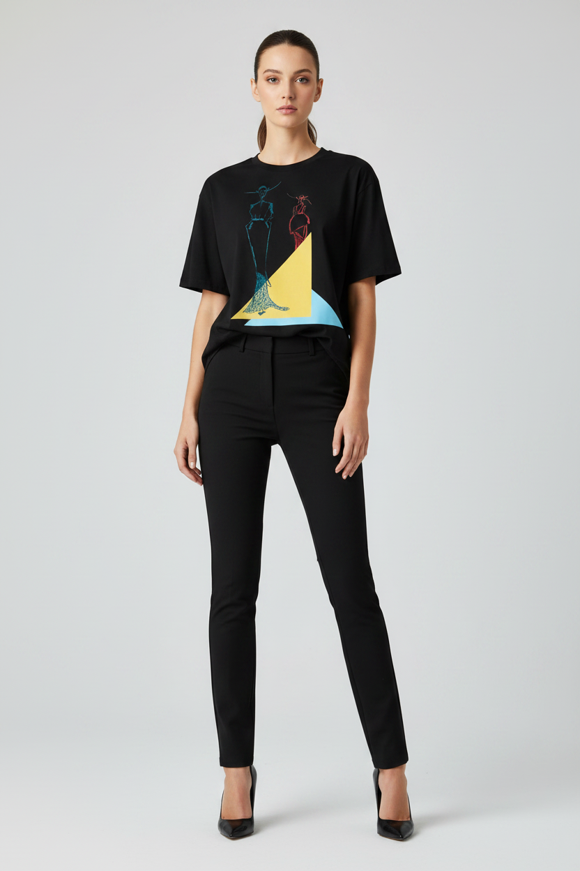 Woman wearing a black t-shirt with a colorful design and black pants on a light gray background