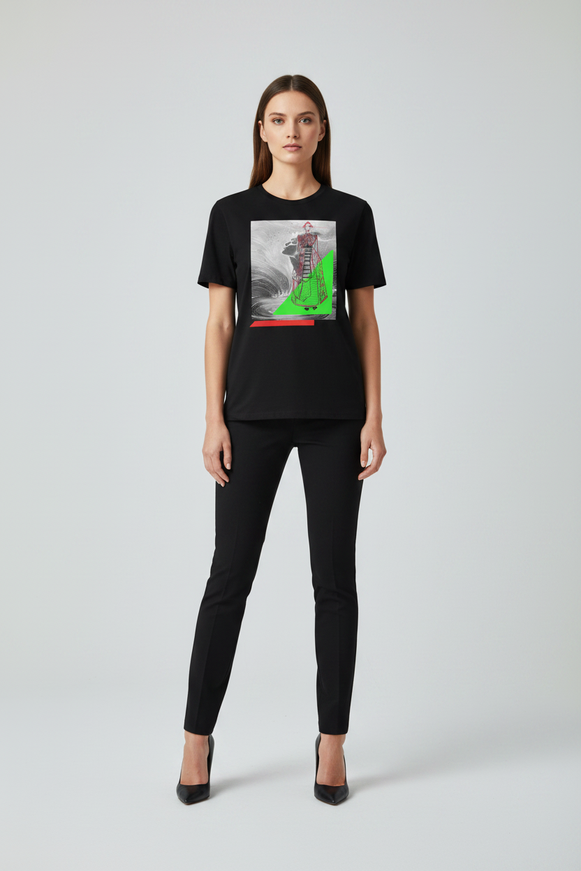 Woman wearing a black t-shirt with a graphic design on a plain background