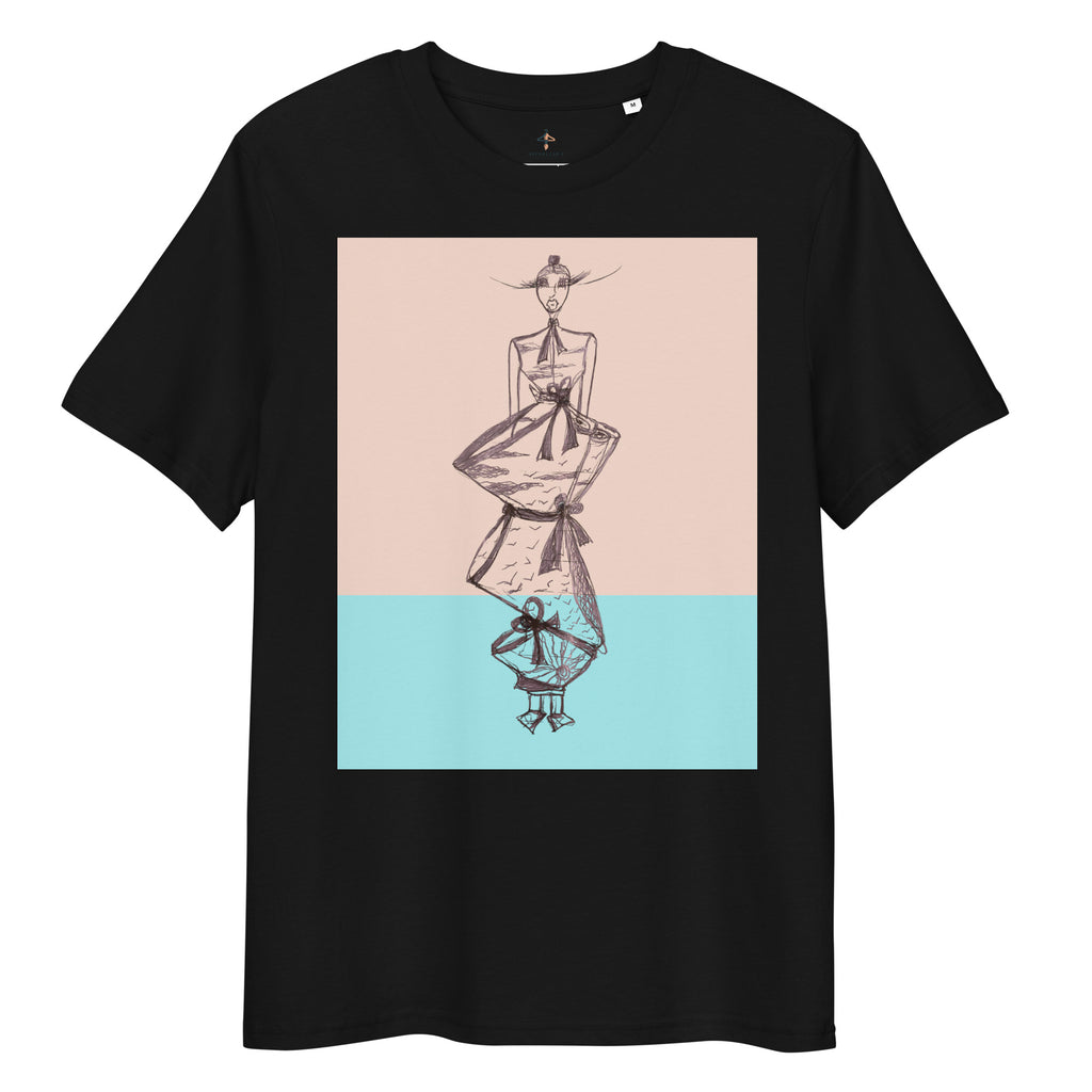 Art-inspired black organic cotton T-shirt designed with an expressive suspended figure