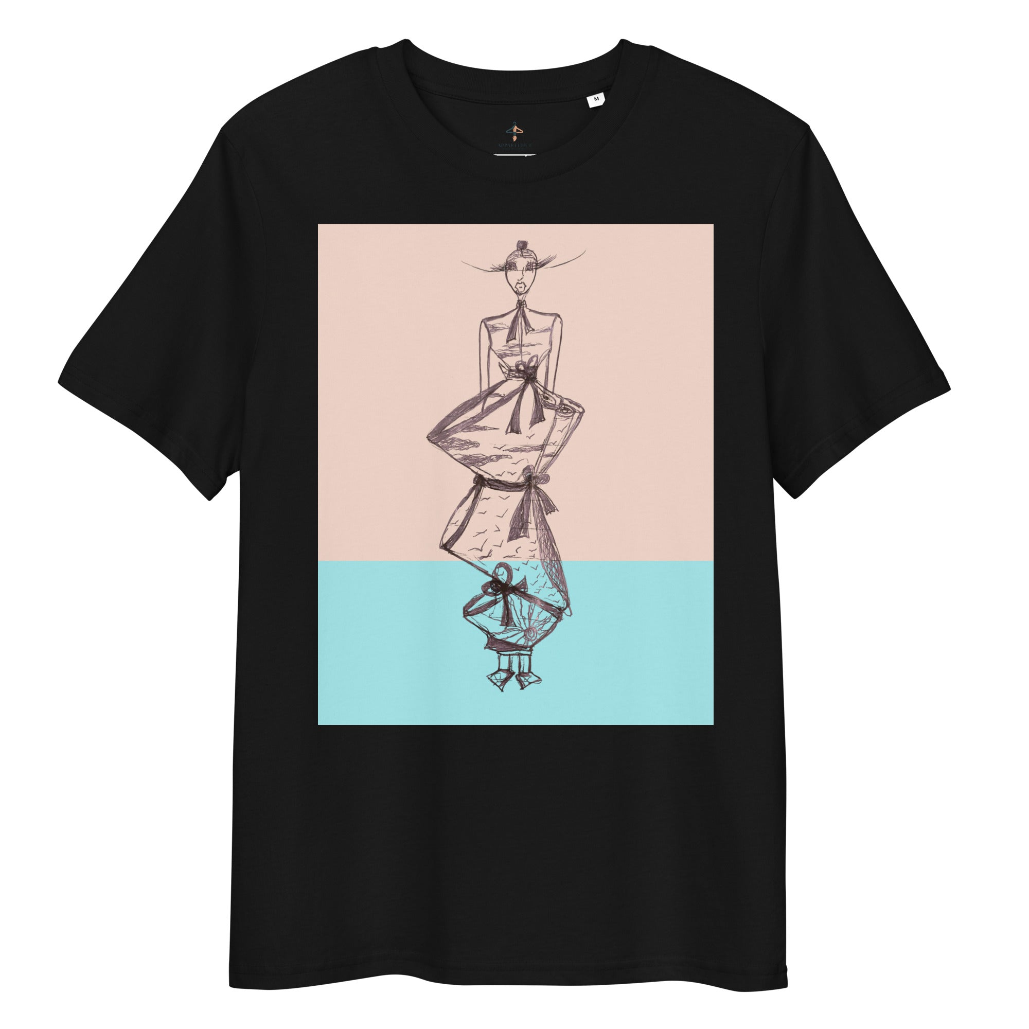 Art-inspired black organic cotton T-shirt designed with an expressive suspended figure