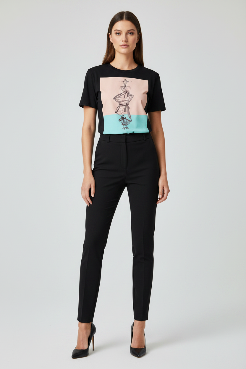A woman modeling a black short-sleeve graphic T-shirt with a pastel pink and turquoise color-blocked chest print, paired with black trousers and black high heels, against a light gray studio background.