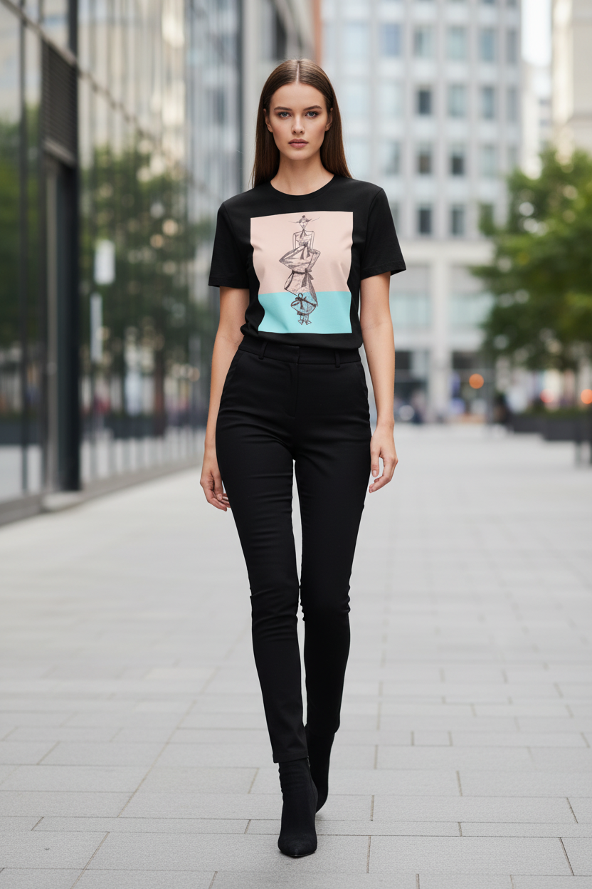 A woman walking down a city street wearing a black graphic t-shirt with a pastel color-block print and black skinny pants.