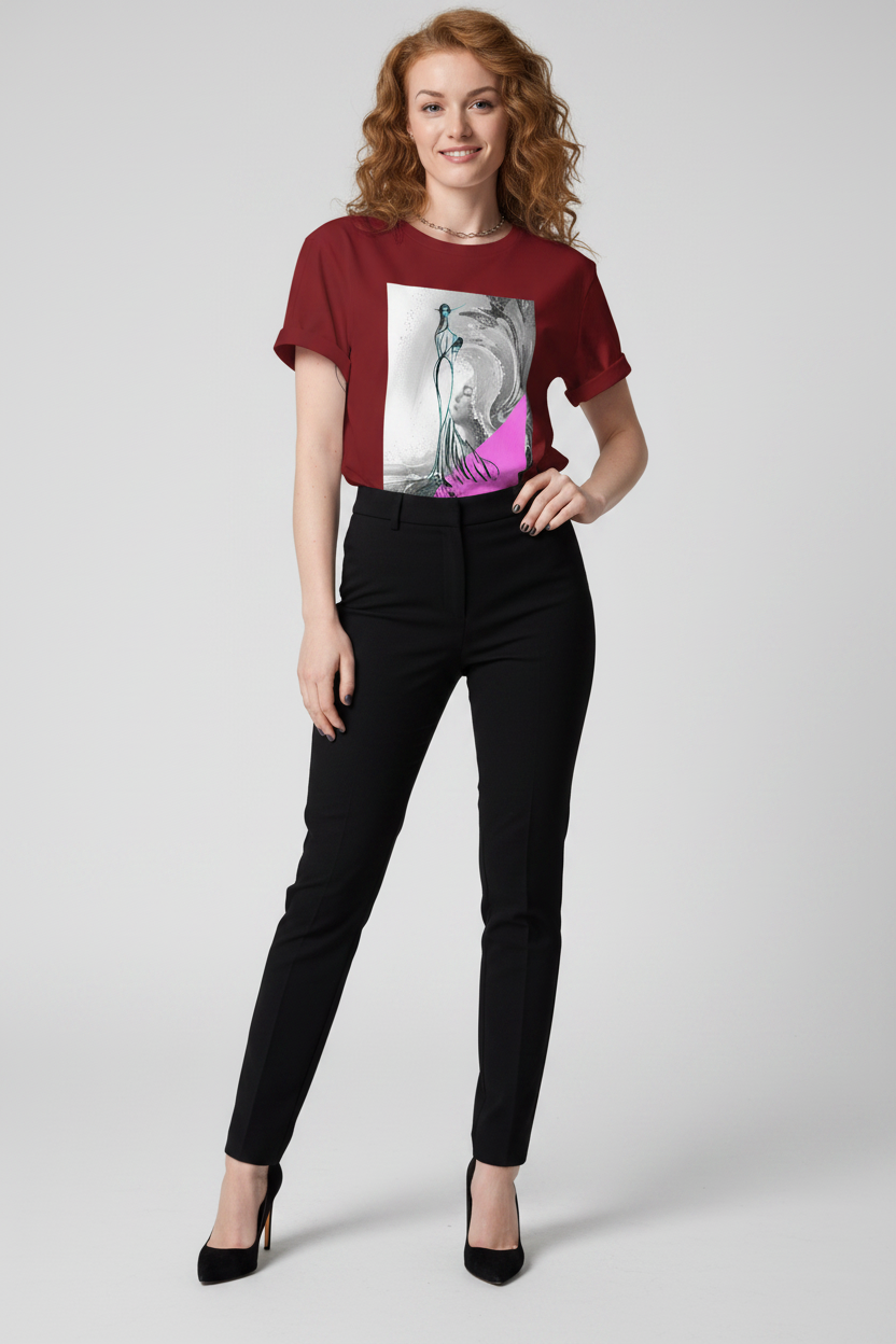 Woman wearing a burgundy t-shirt with a graphic design and black pants on a white background