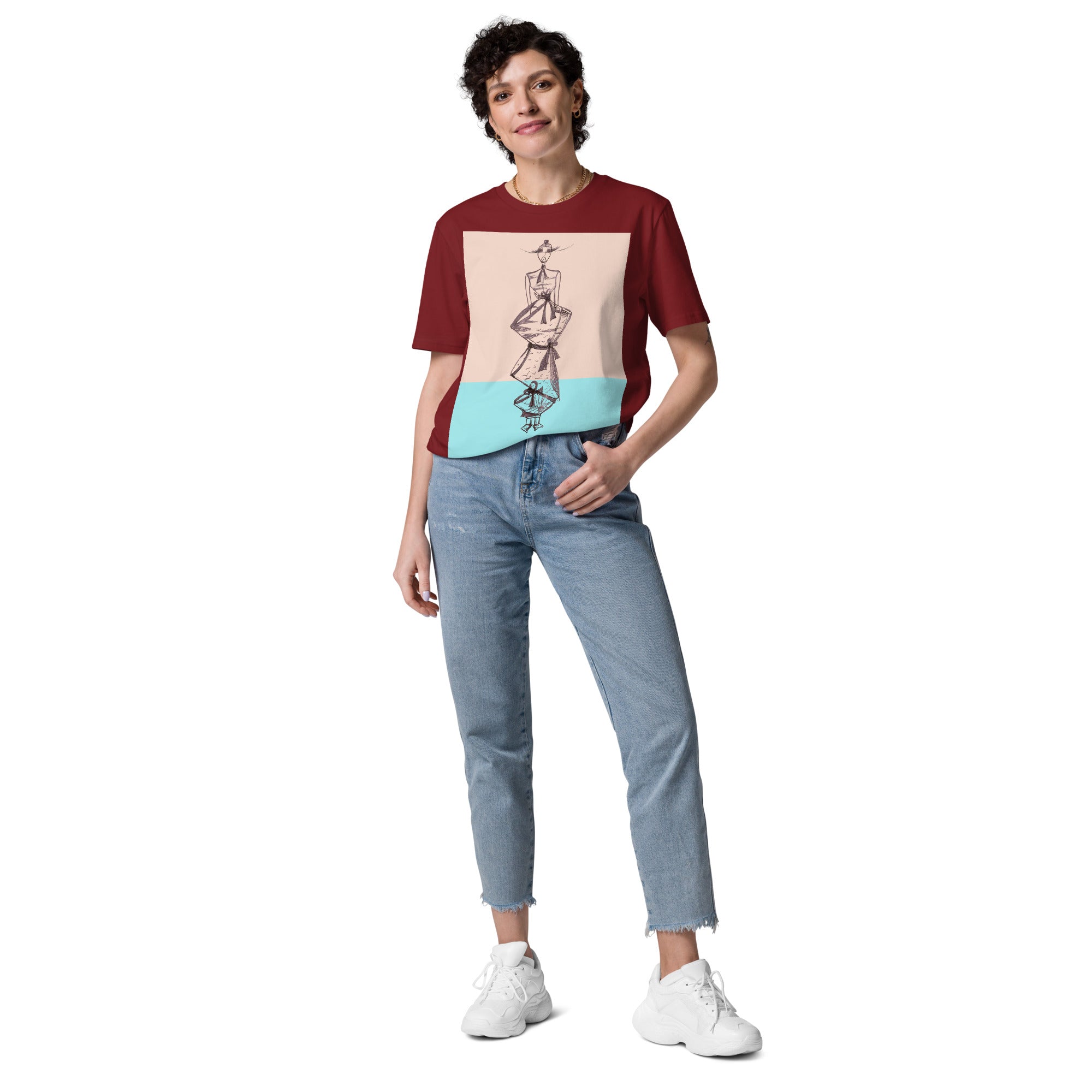 Original fashion-inspired figure artwork on black organic cotton clothing