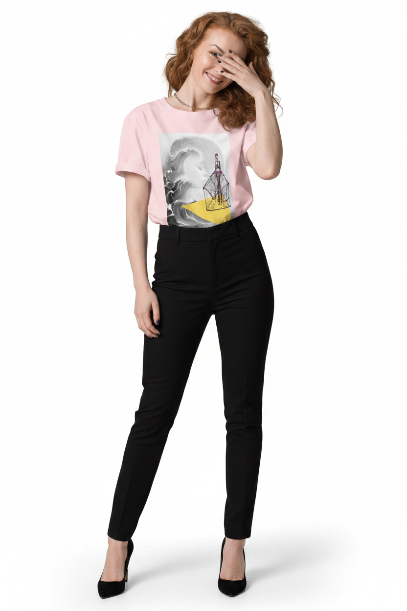 Woman wearing a pink t-shirt with a graphic design and black pants on a white background