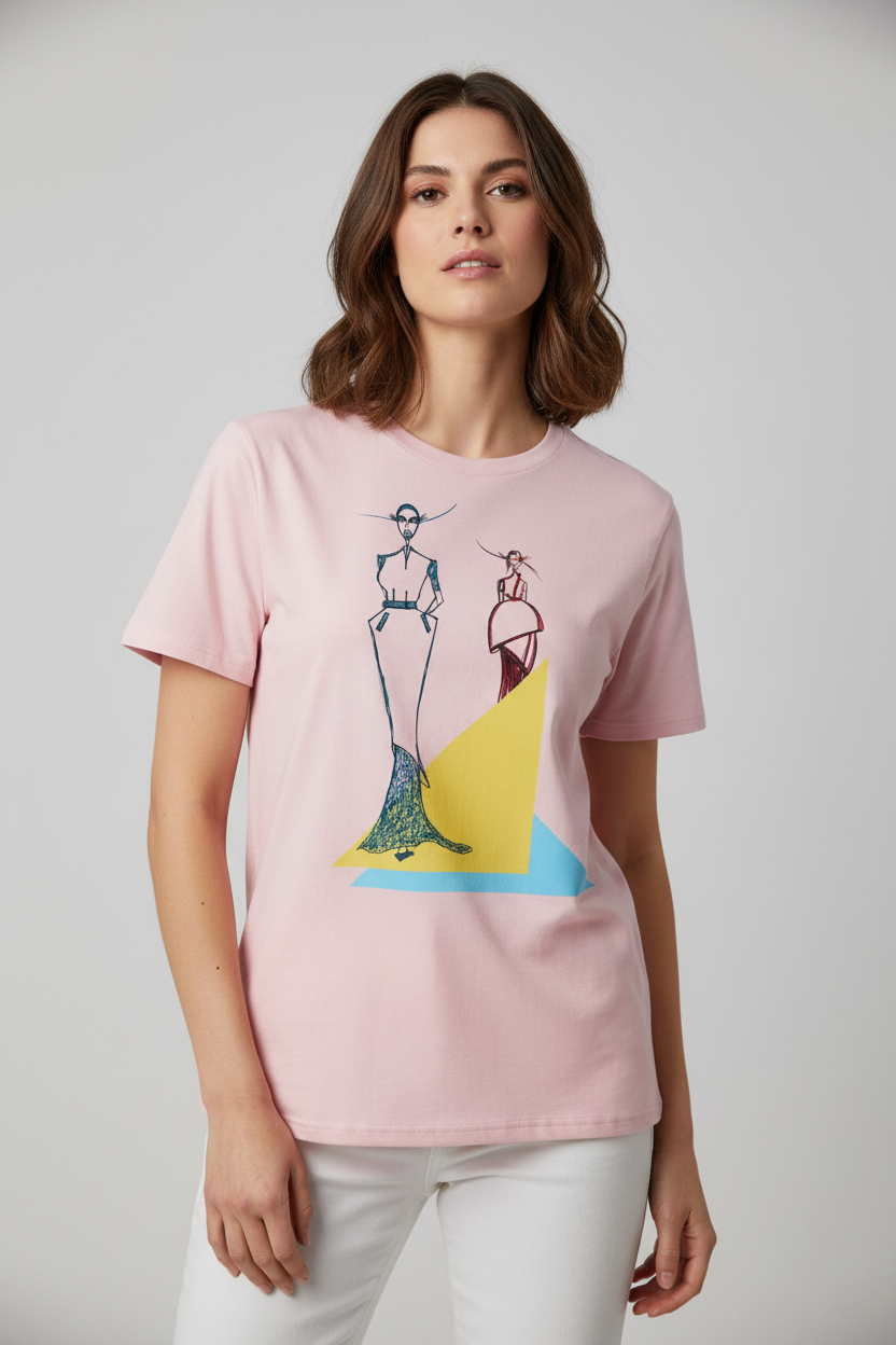 Woman wearing a pink t-shirt with a graphic design on a plain background