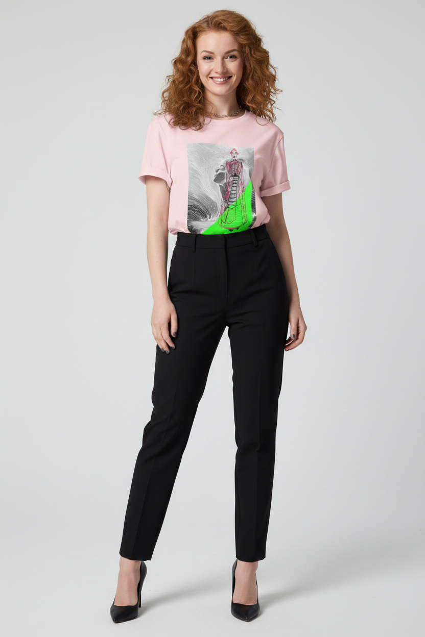 Woman wearing a pink t-shirt with a graphic design and black pants on a white background