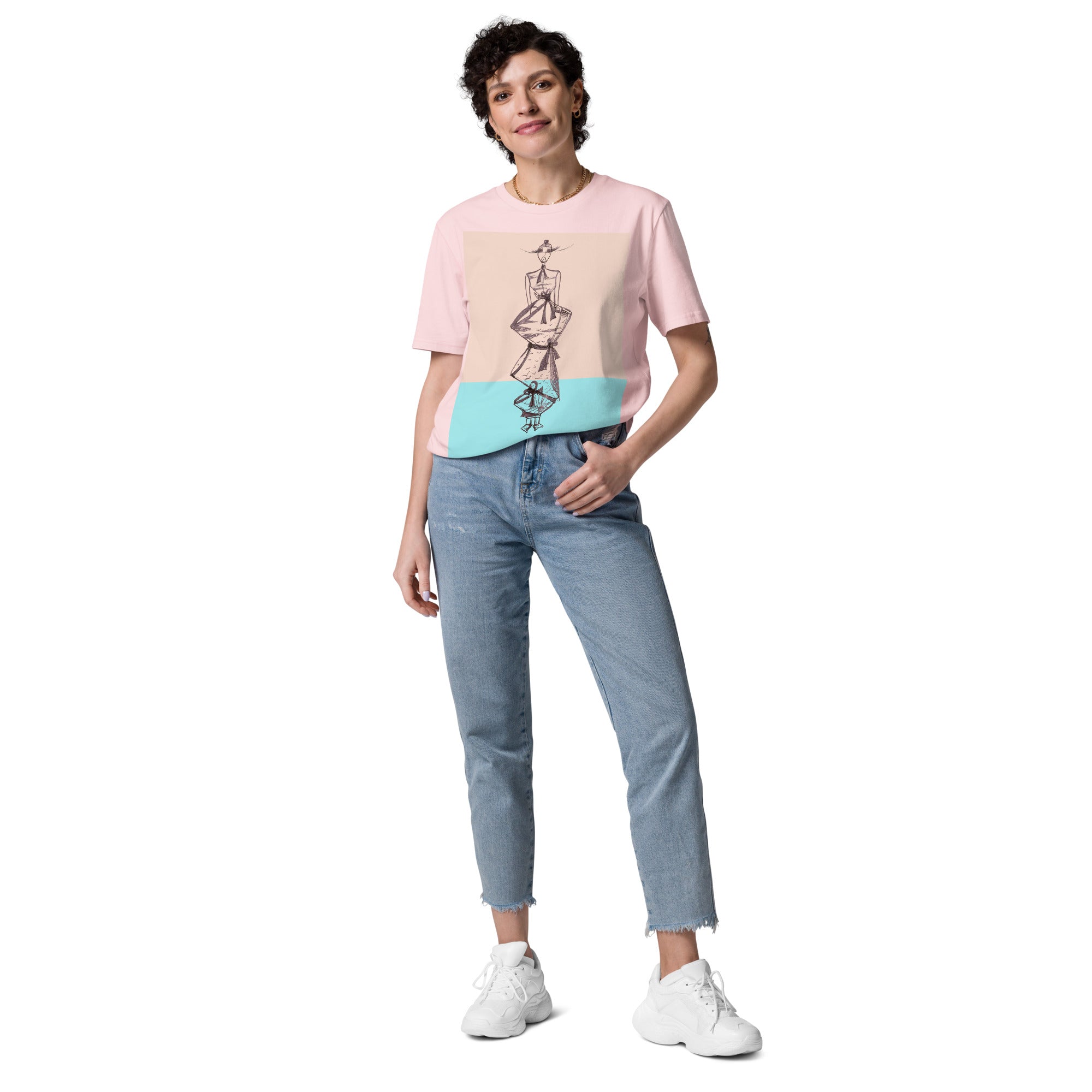 Front view of Between Worlds Figure organic cotton T-shirt by Apparelhue
