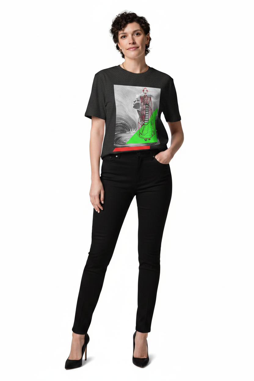 Woman wearing a black t-shirt with a graphic design and black pants on a white background