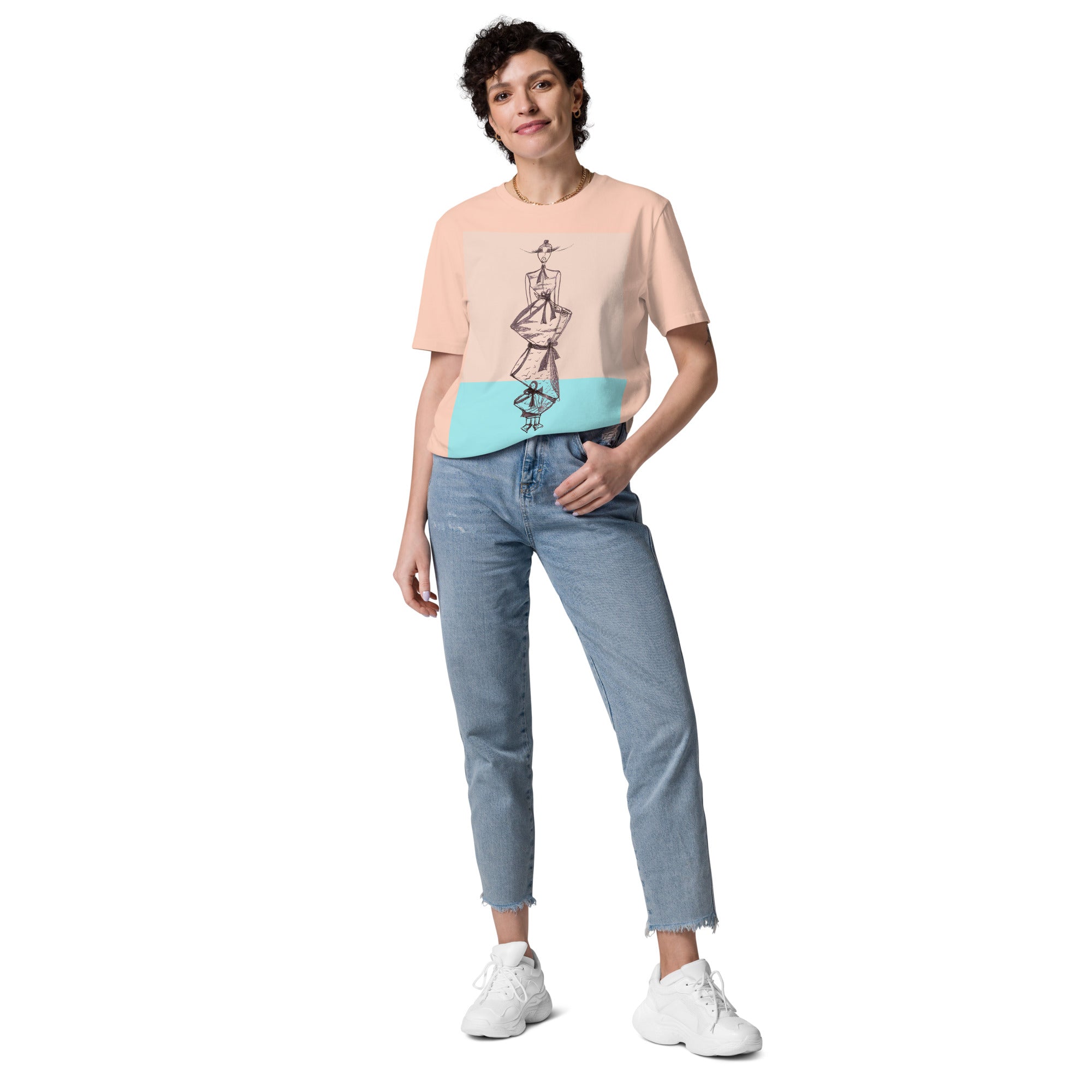 Expressive figure artwork printed on a black organic cotton T-shirt