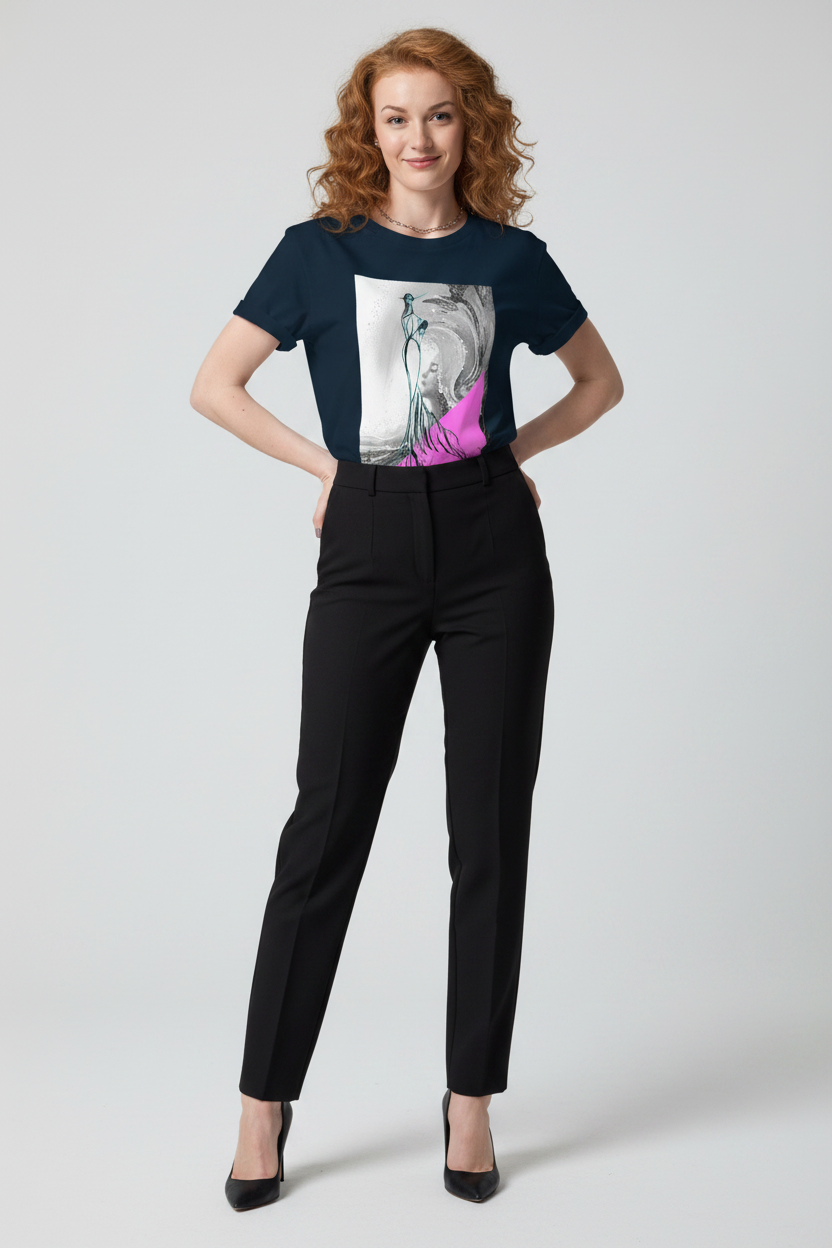 Woman wearing a black t-shirt with a graphic design and black pants on a white background