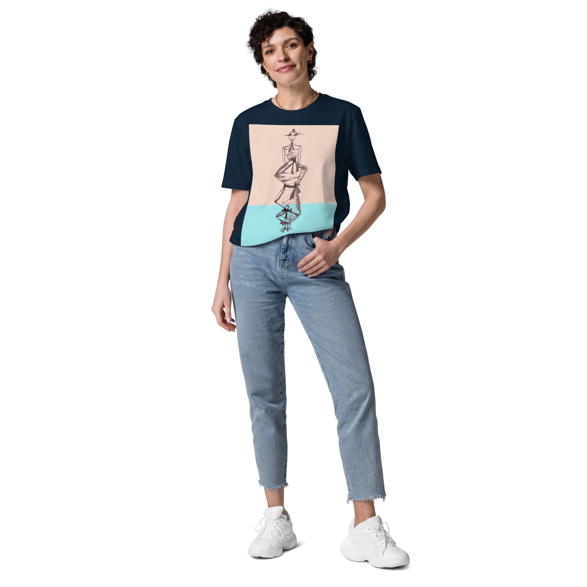 Detail of expressive line-drawn figure artwork on Between Worlds T-shirt