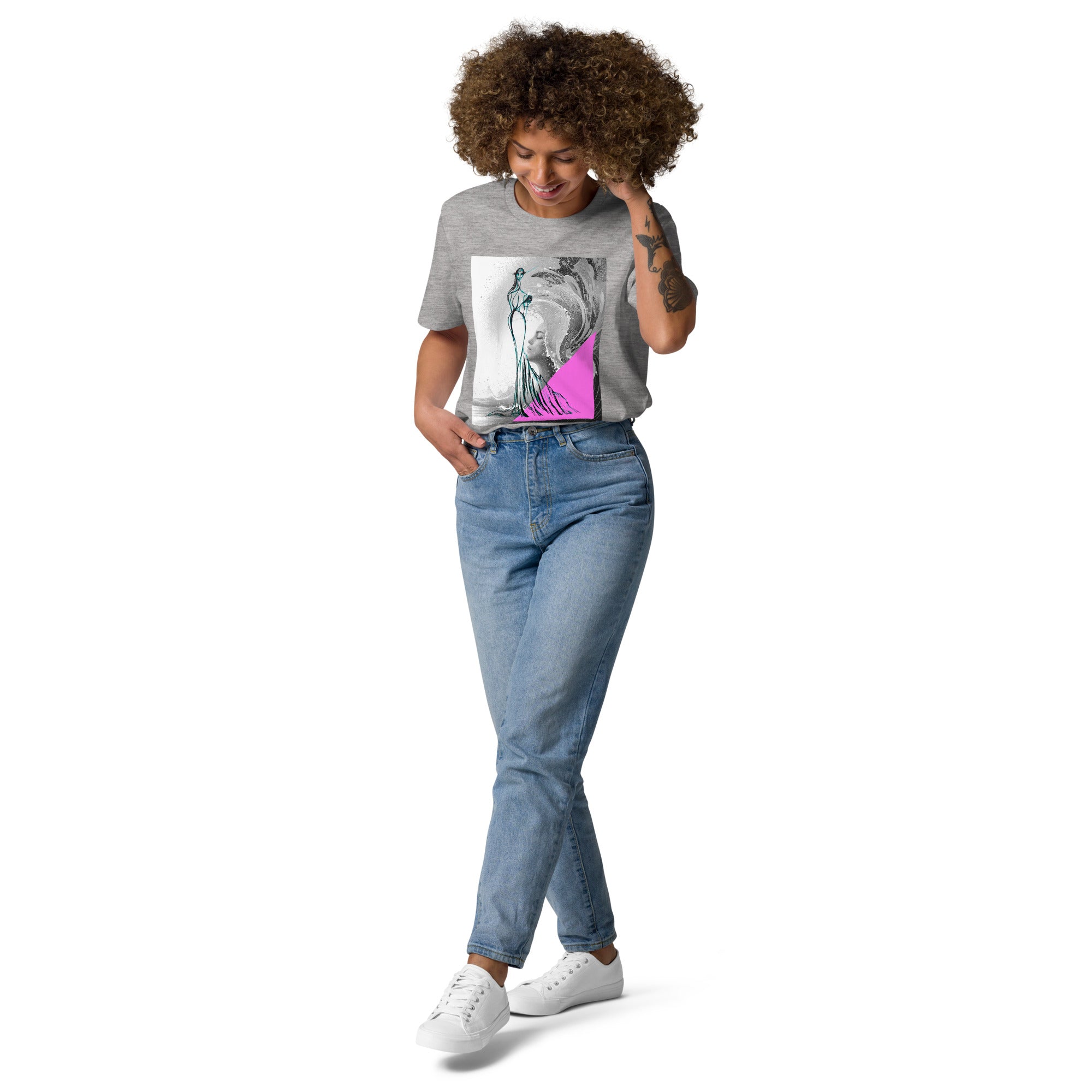 Minimalist wave graphic tee on model