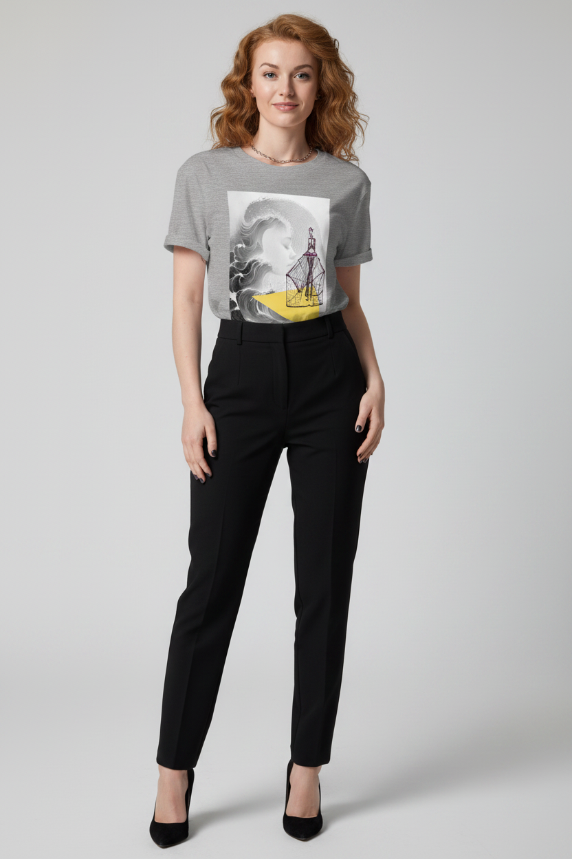 Woman wearing a gray t-shirt with a graphic design and black pants on a light gray background