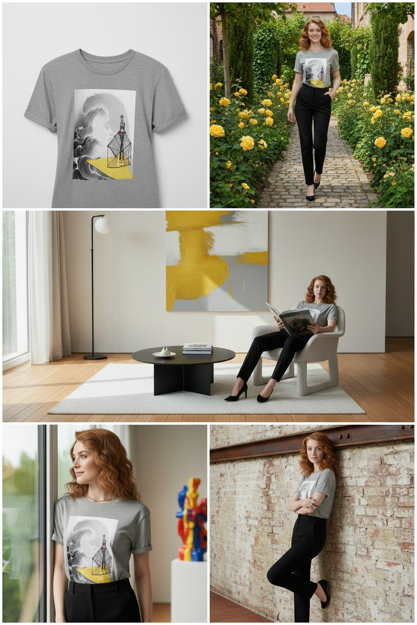 apparelhue-unisex-heather-grey-graphic-tshirt-model-garden-walkway. A smiling woman with wavy auburn hair walking down a cobblestone path in a lush garden filled with yellow roses, wearing the APPARELHUE grey wearable art t-shirt tucked into high-waisted black trousers.