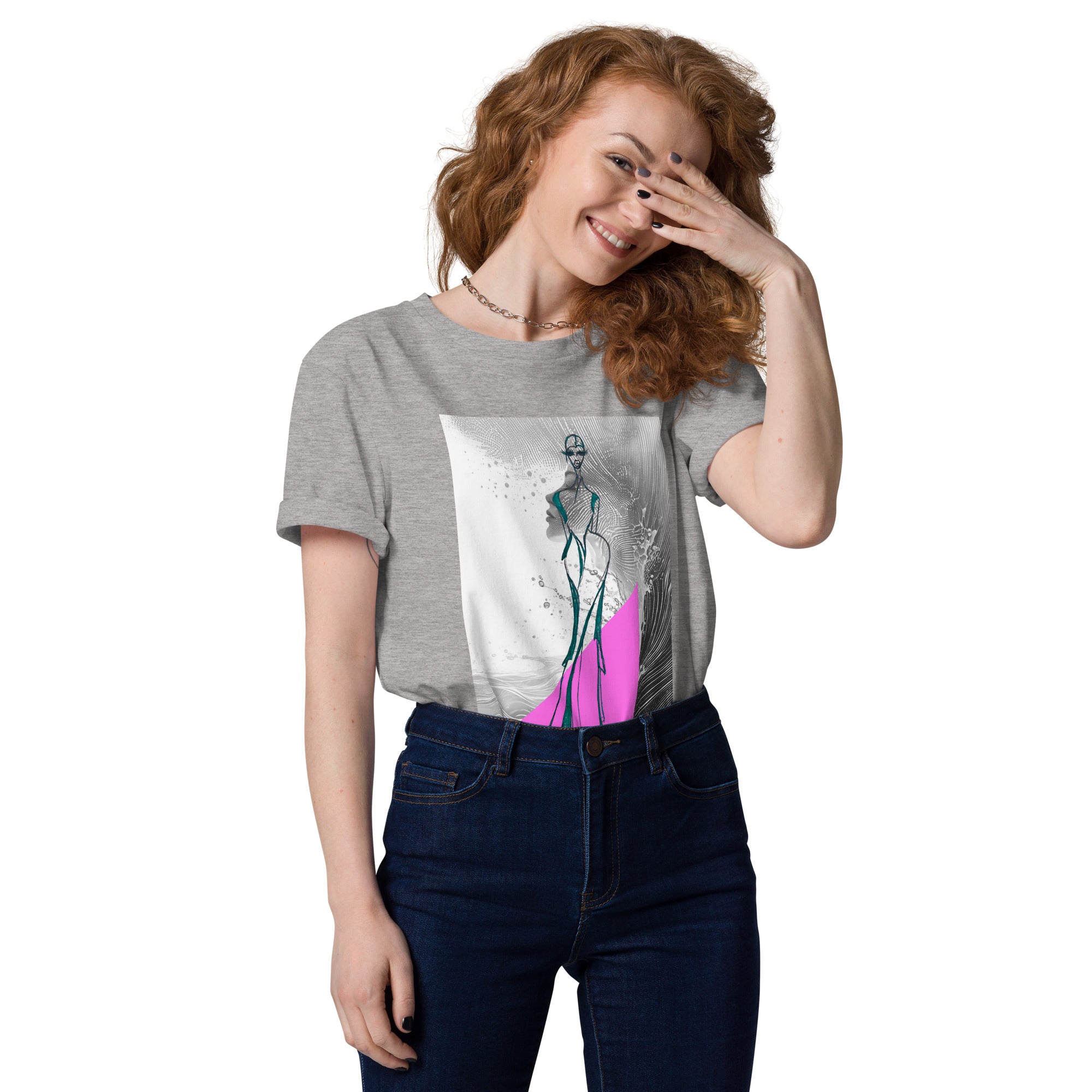 abstract fashion tee with flowing line art figure