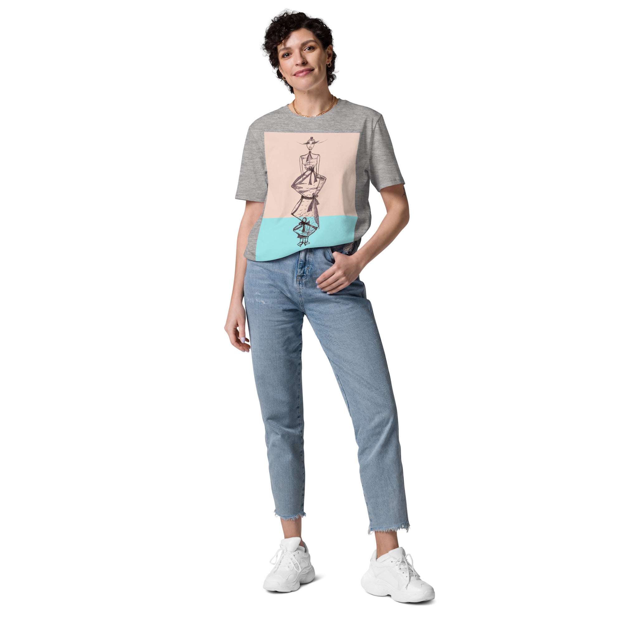 Between Worlds figure illustration printed on organic cotton black T-shirt