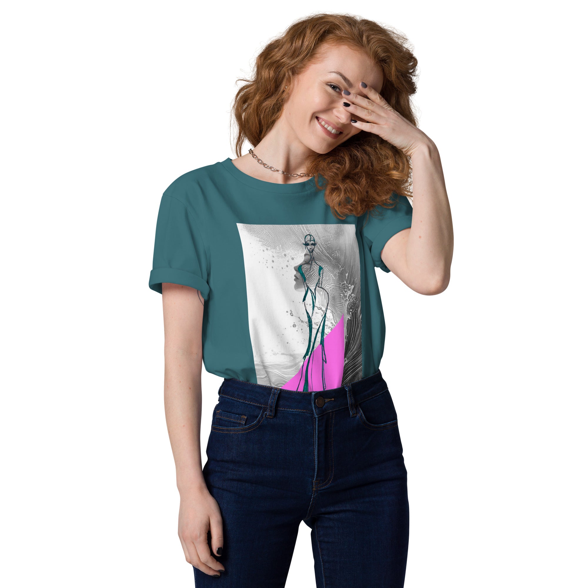 artistic abstract t-shirt with fluid gold lines and texture