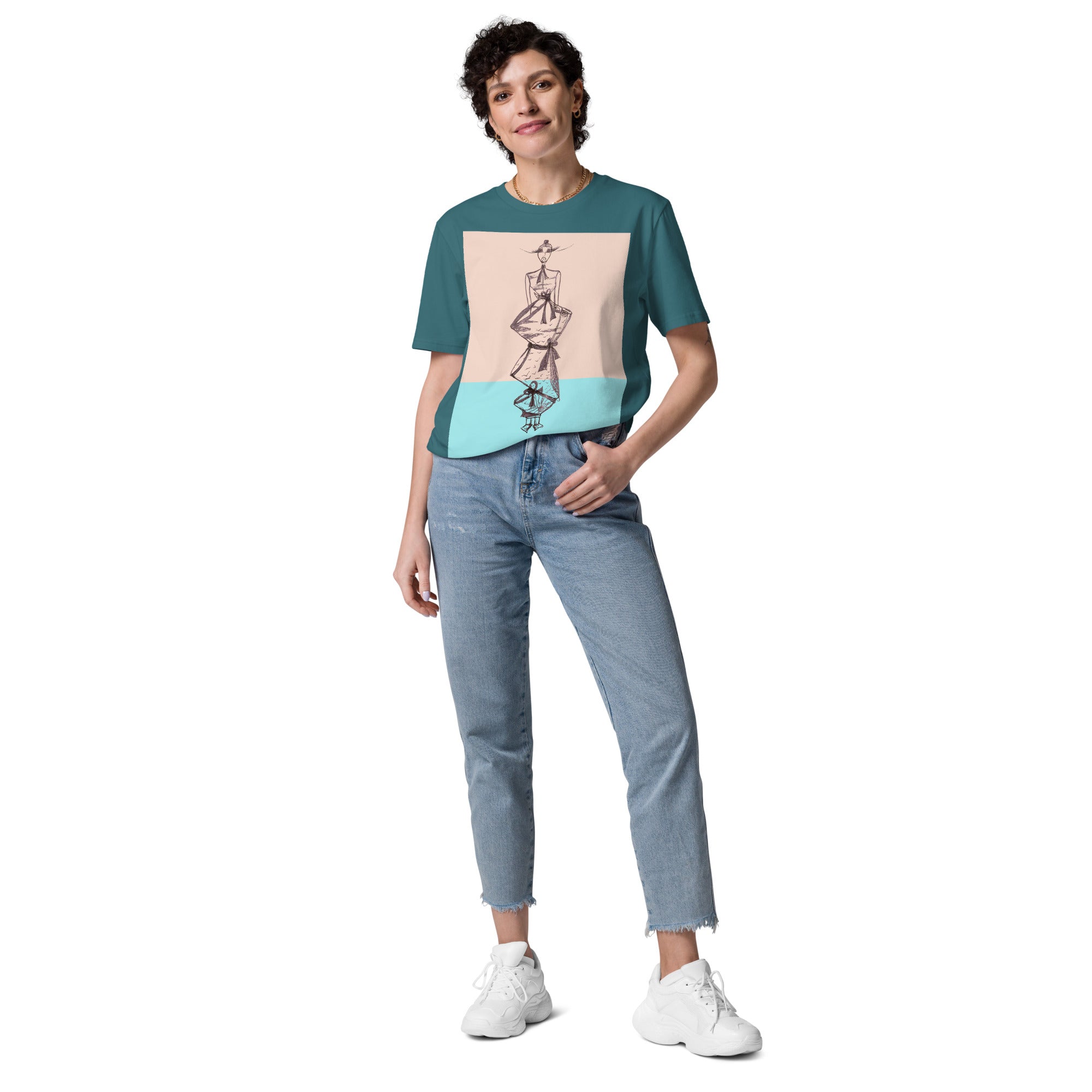 Colourful wearable art design combining blush pink turquoise and expressive line art