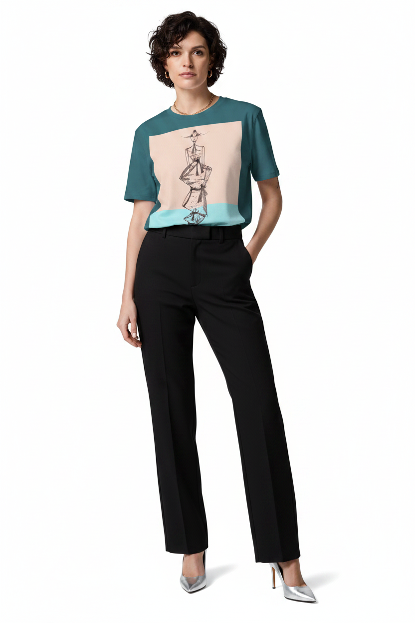 A model wearing a short-sleeve color-blocked top with a graphic print on the front, paired with black trousers and silver heels, against a plain white background.