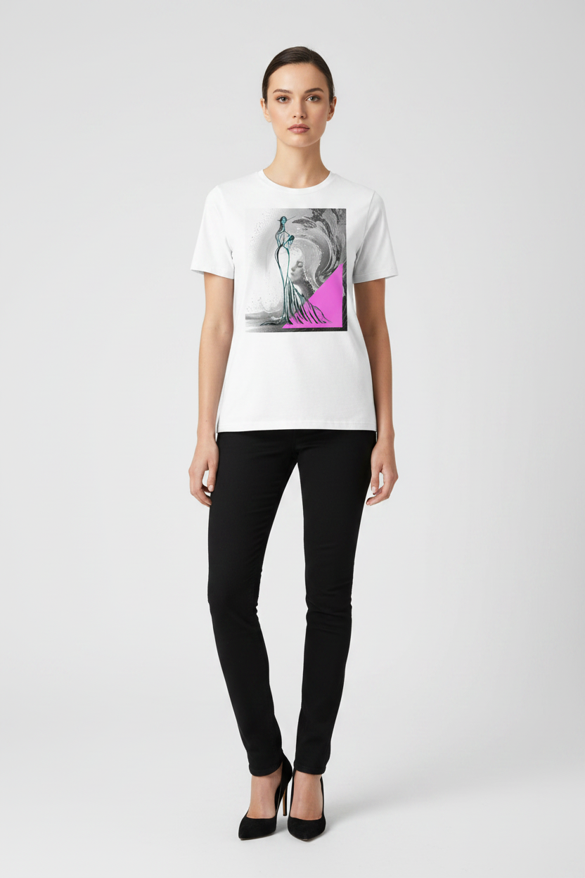 Woman wearing a white t-shirt with a graphic design and black pants on a white background
