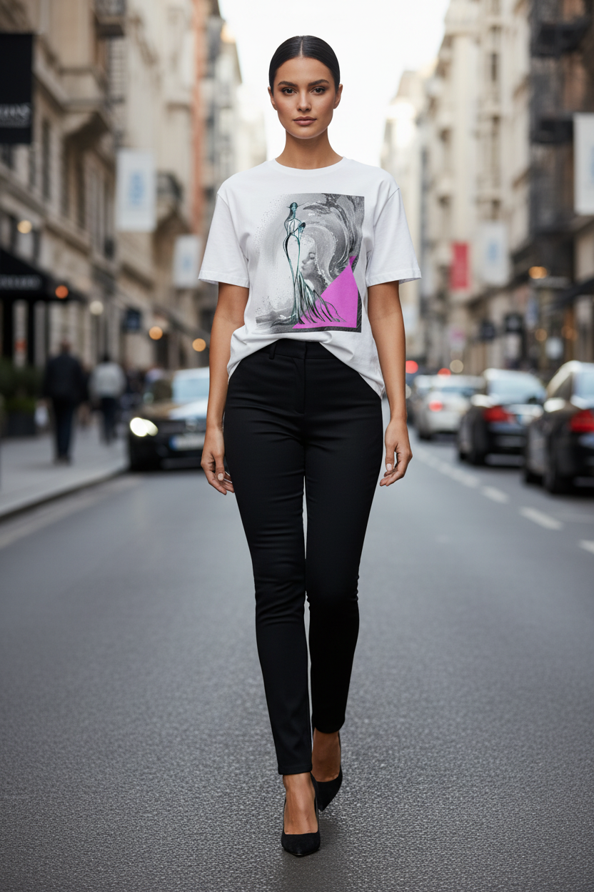 Woman walking on a city street wearing a graphic t-shirt and black pants.