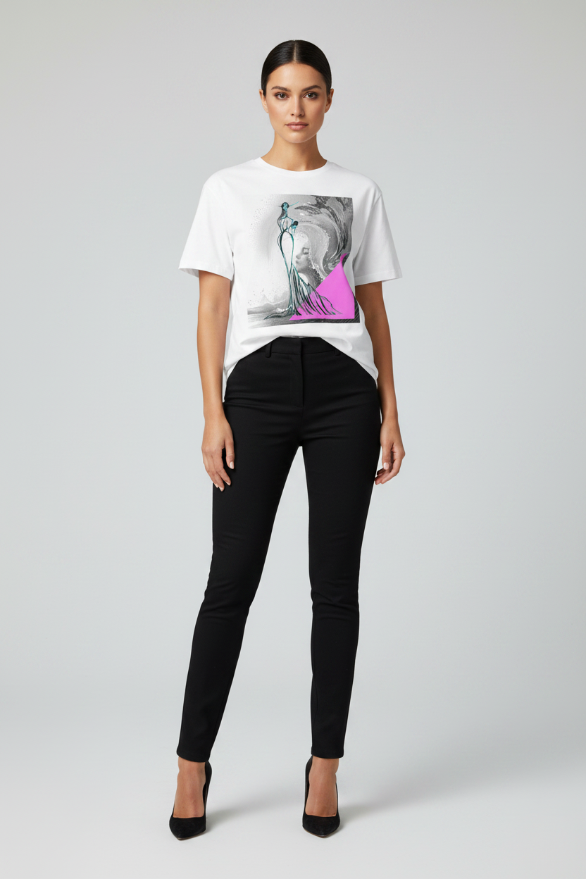 Woman wearing a white t-shirt with a graphic design and black pants on a light gray background