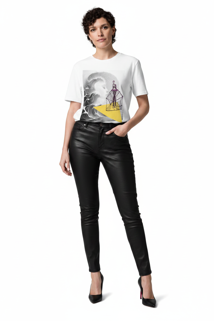 Woman wearing a white graphic t-shirt and black leather pants on a white background