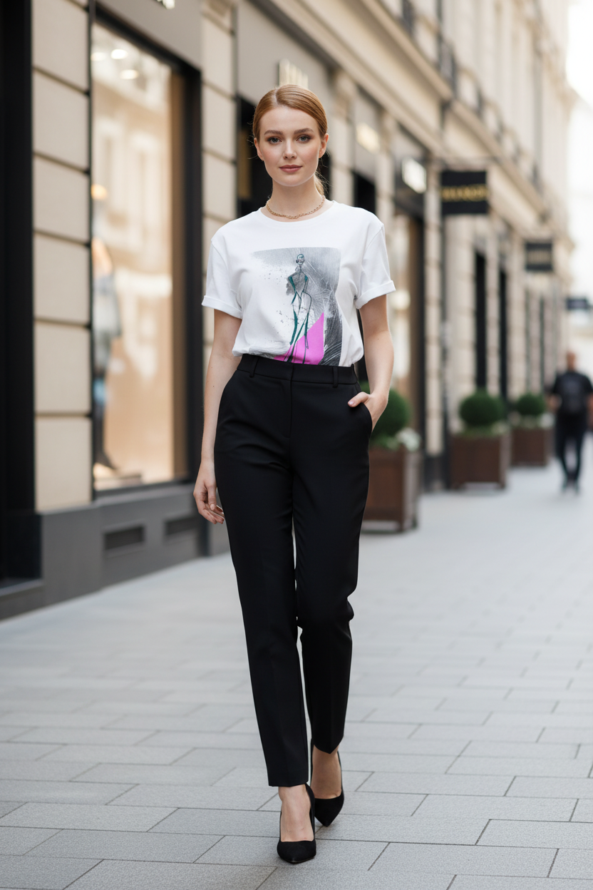 A woman walking on a city sidewalk wearing a white graphic T-shirt with a black, gray, and pink print, paired with black trousers and black heels.