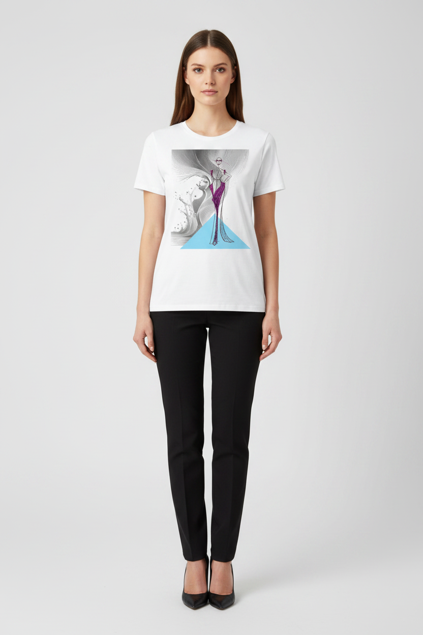 Woman wearing a white t-shirt with a graphic design on a plain background
