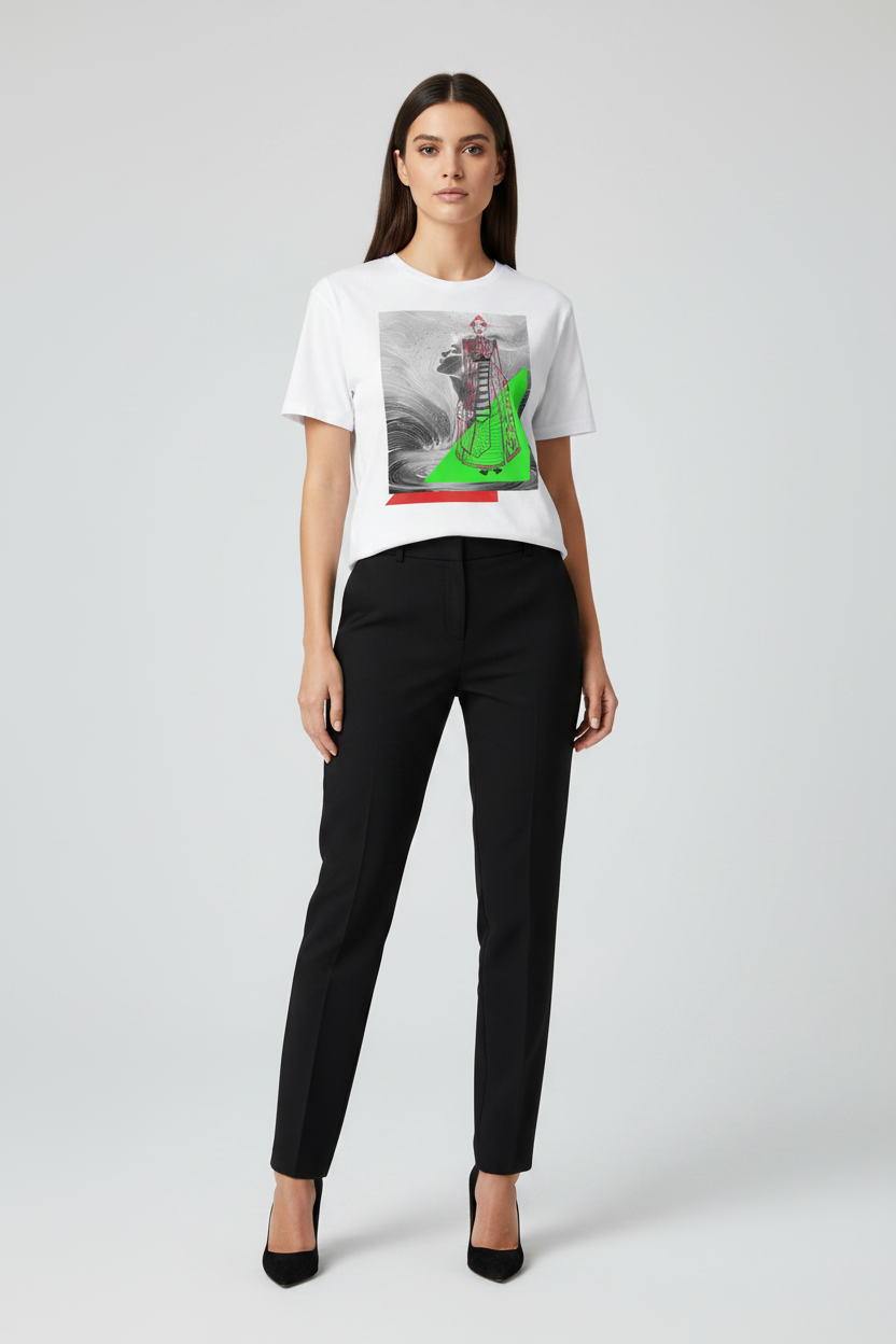 Woman wearing a white t-shirt with a graphic design and black pants on a white background