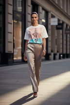 A woman walking down a city street wearing a white graphic T-shirt with pastel pink, beige, and turquoise color blocks, paired with beige trousers and nude heels.