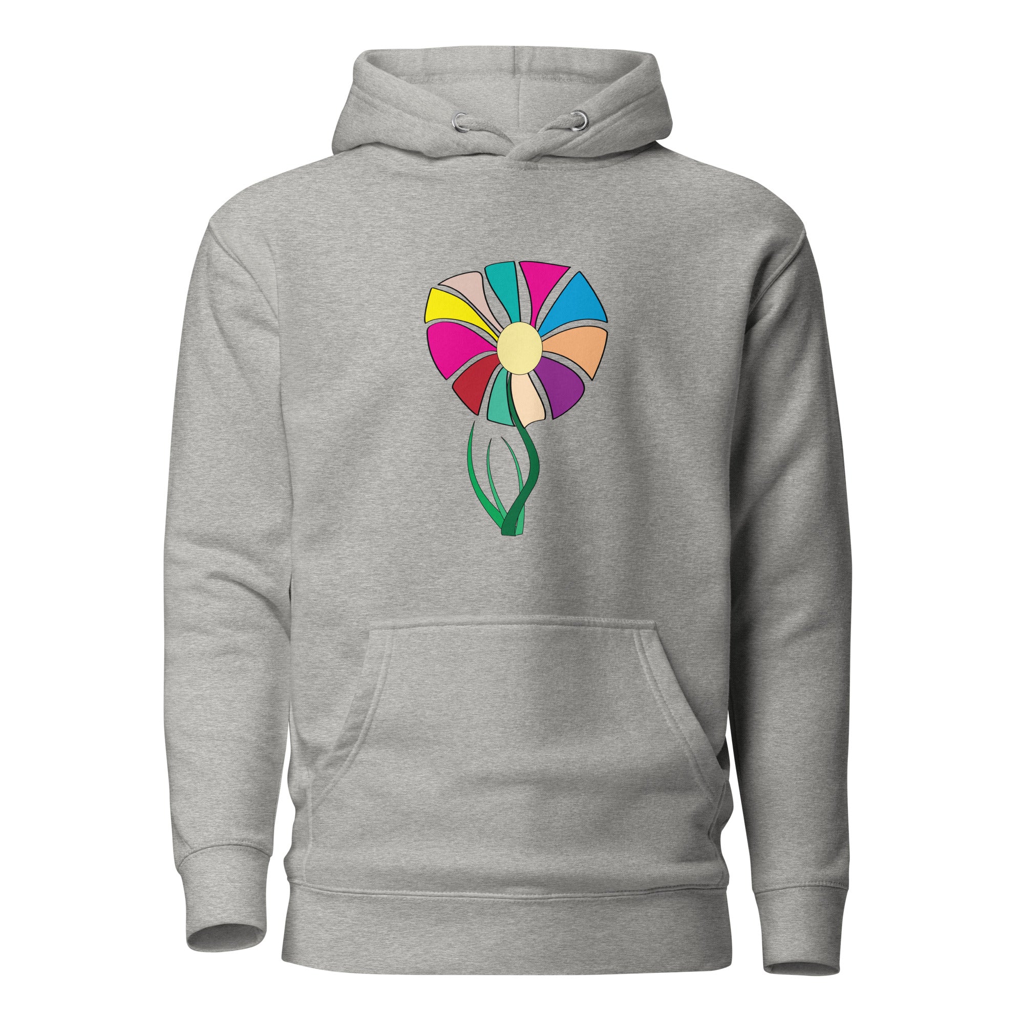 A gray hoodie with a colorful floral print graphic on the front, featuring a hood with matching drawstrings.