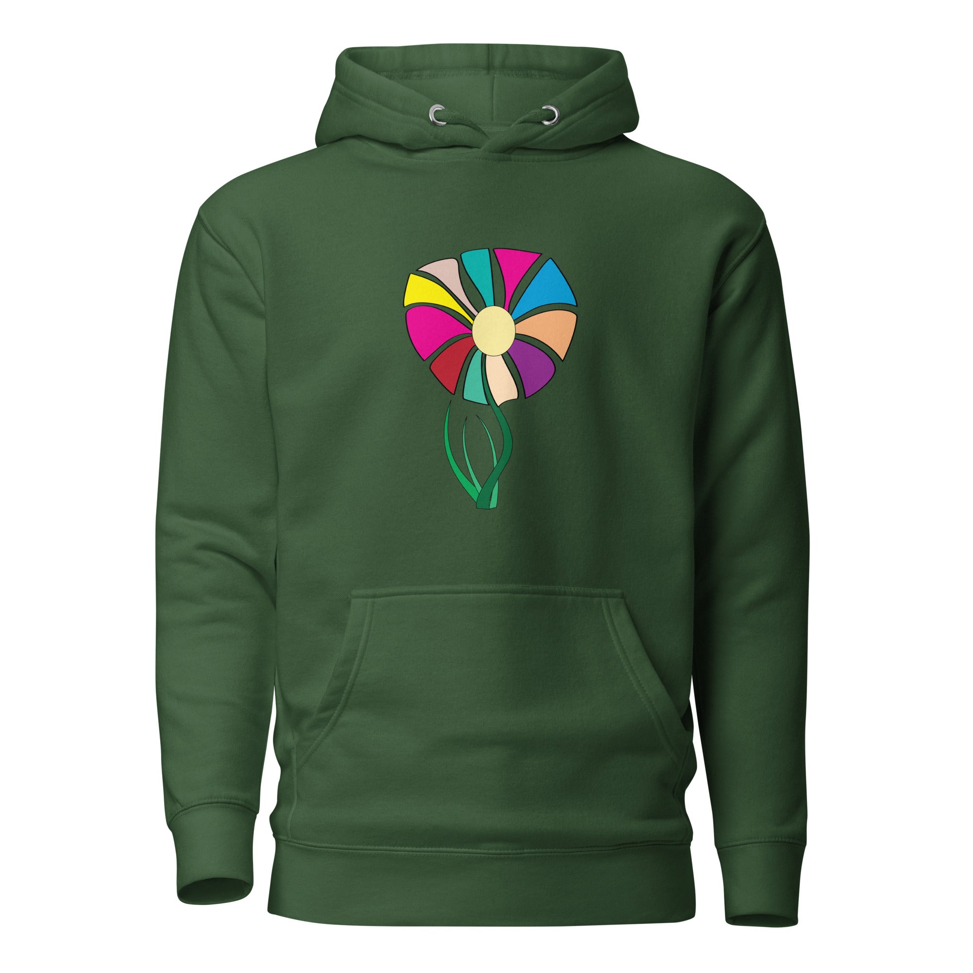 A green hoodie with a colorful floral print graphic on the front, featuring a hood with matching drawstrings.