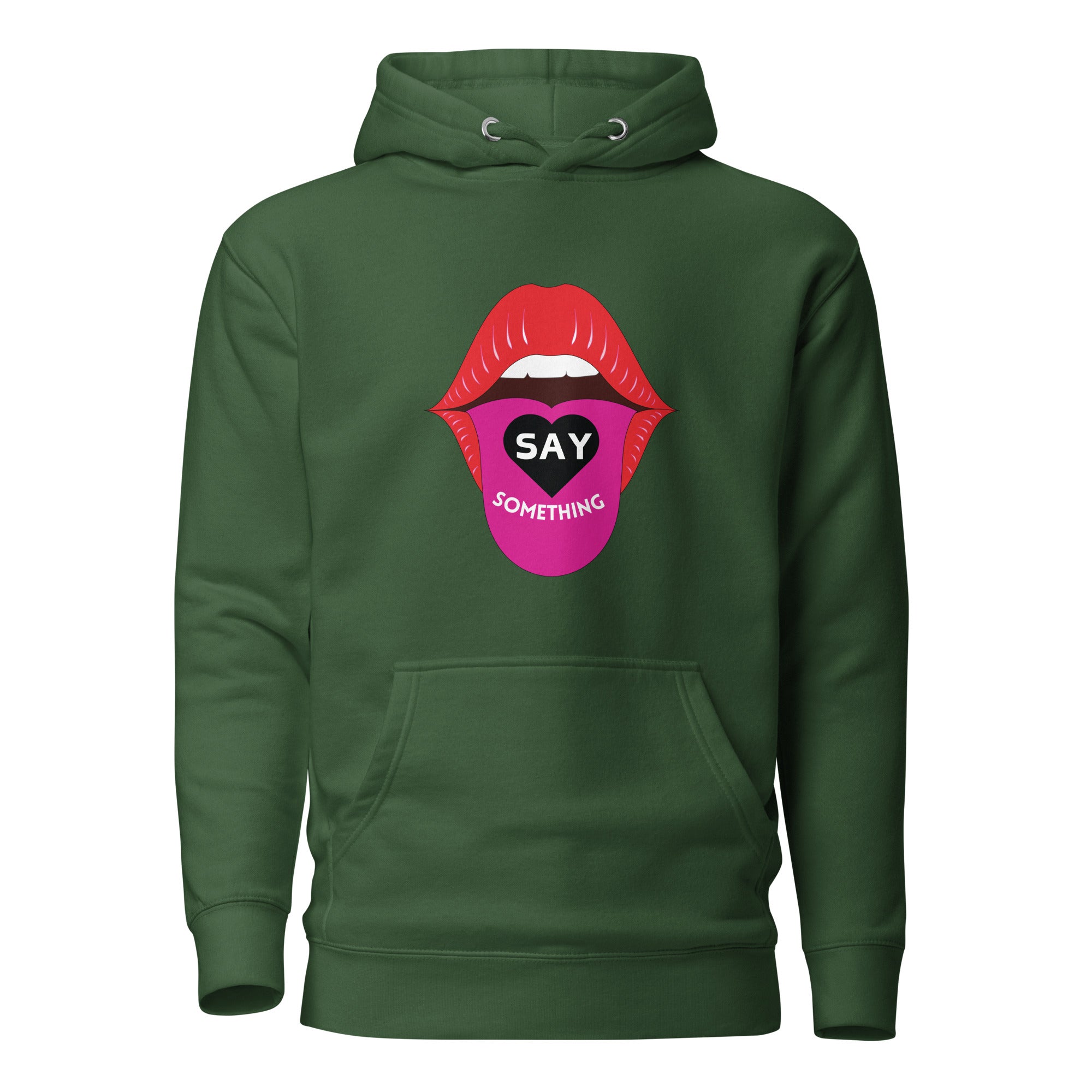 A green hooded sweatshirt with a graphic print of a pink lipstick saying 'Say Something' and the brand logo 'APParelHUE'.
