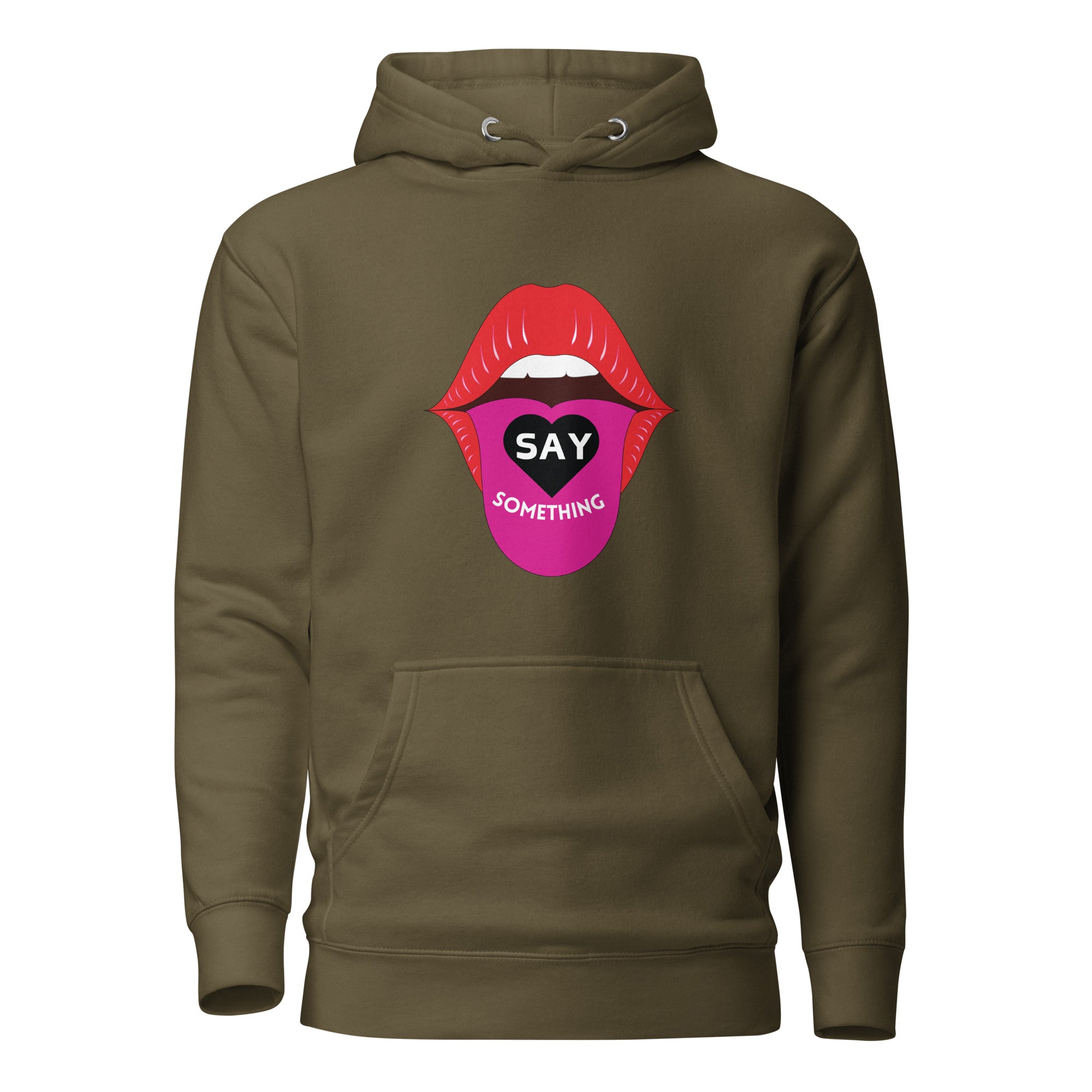 A green hoodie with a pink and white graphic print that says 'SAY SOMETHING' and has a heart symbol.