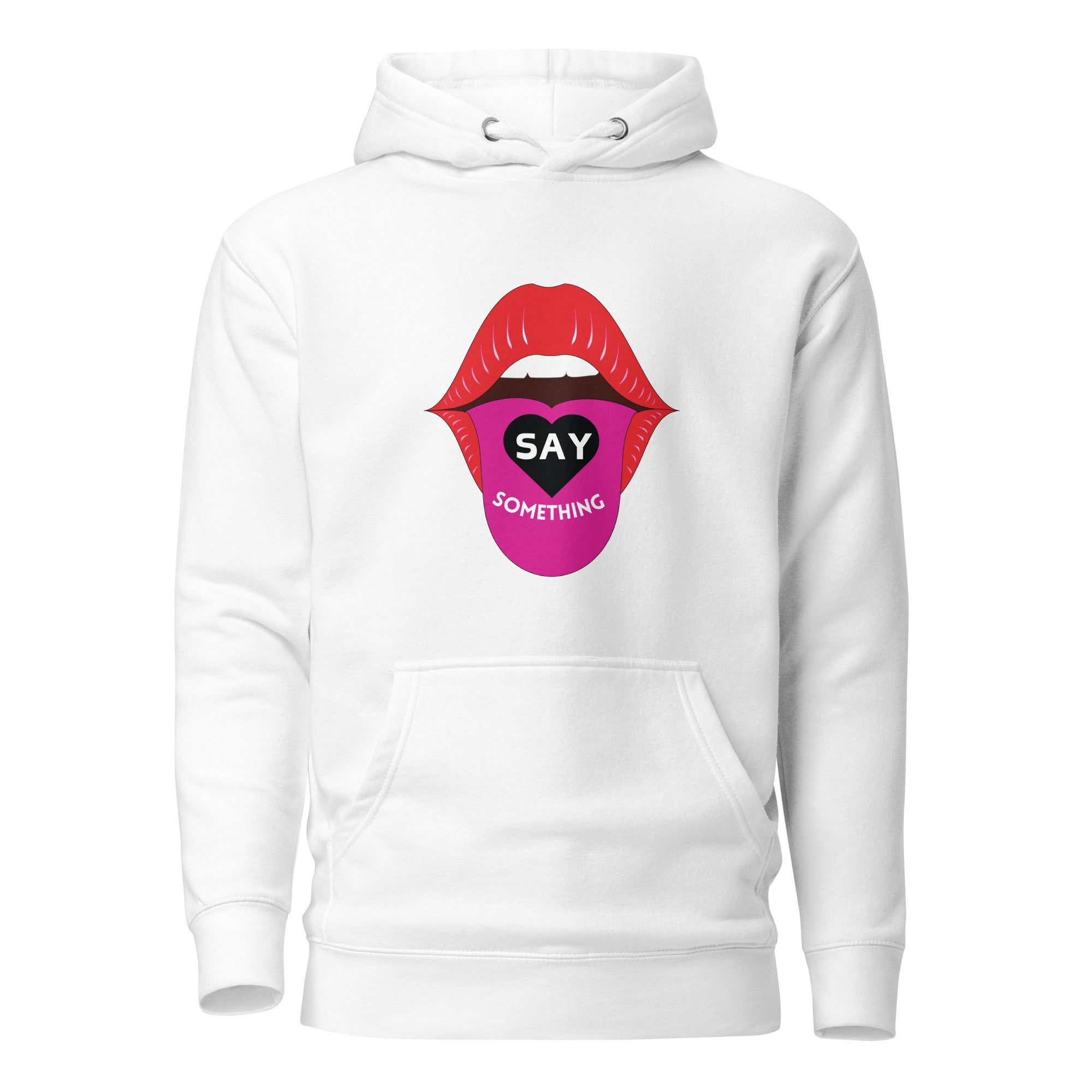 A white fleece hoodie with a graphic print of a pink lip and the text 'SAY SOMETHING' on the front.
