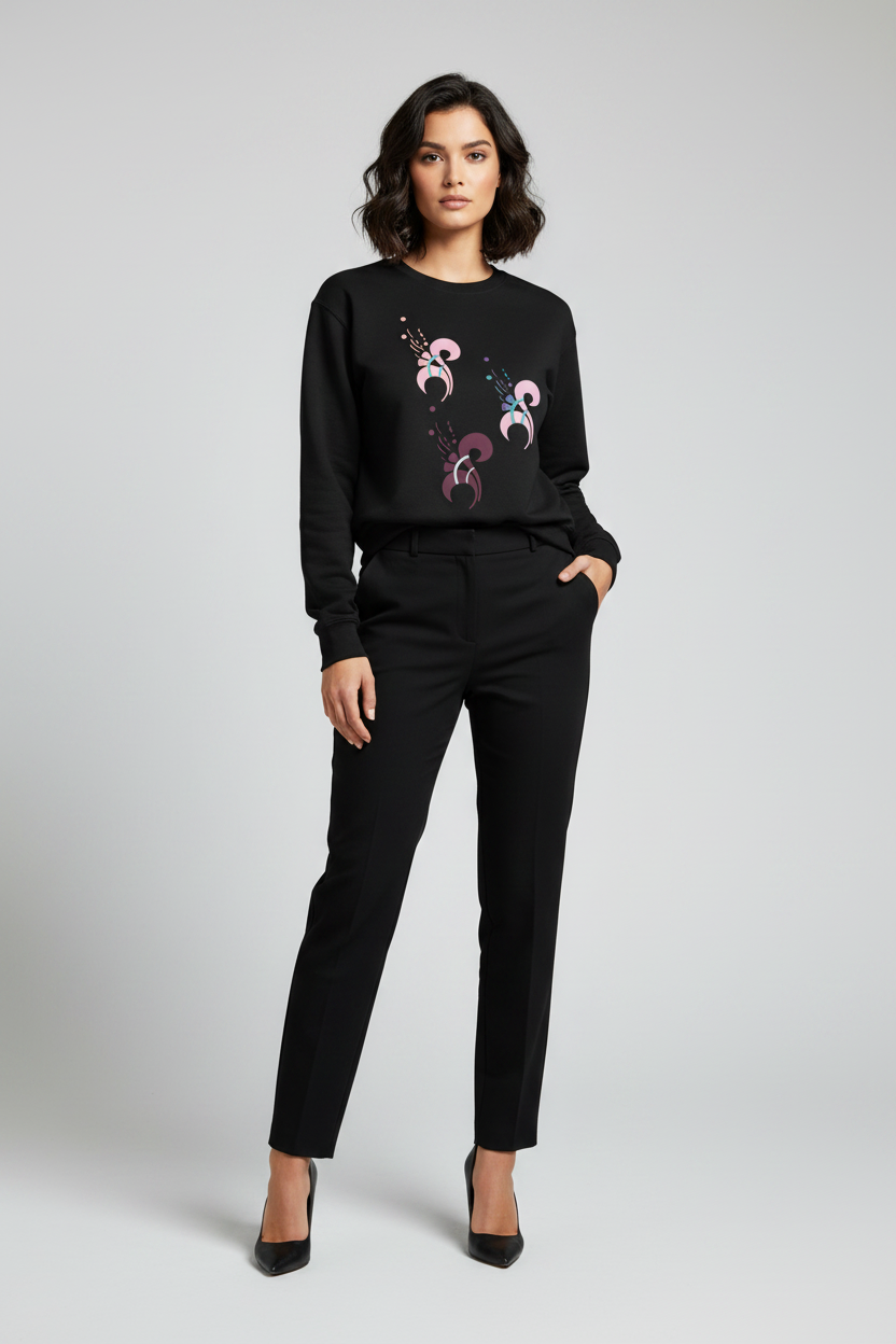 Woman wearing a black sweater with floral patterns and black pants on a light gray background