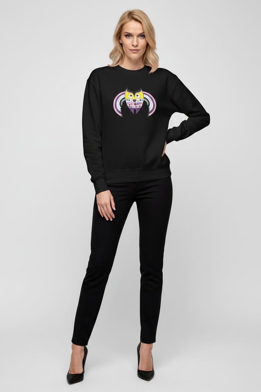 Woman wearing a black sweatshirt with a graphic design on a white background