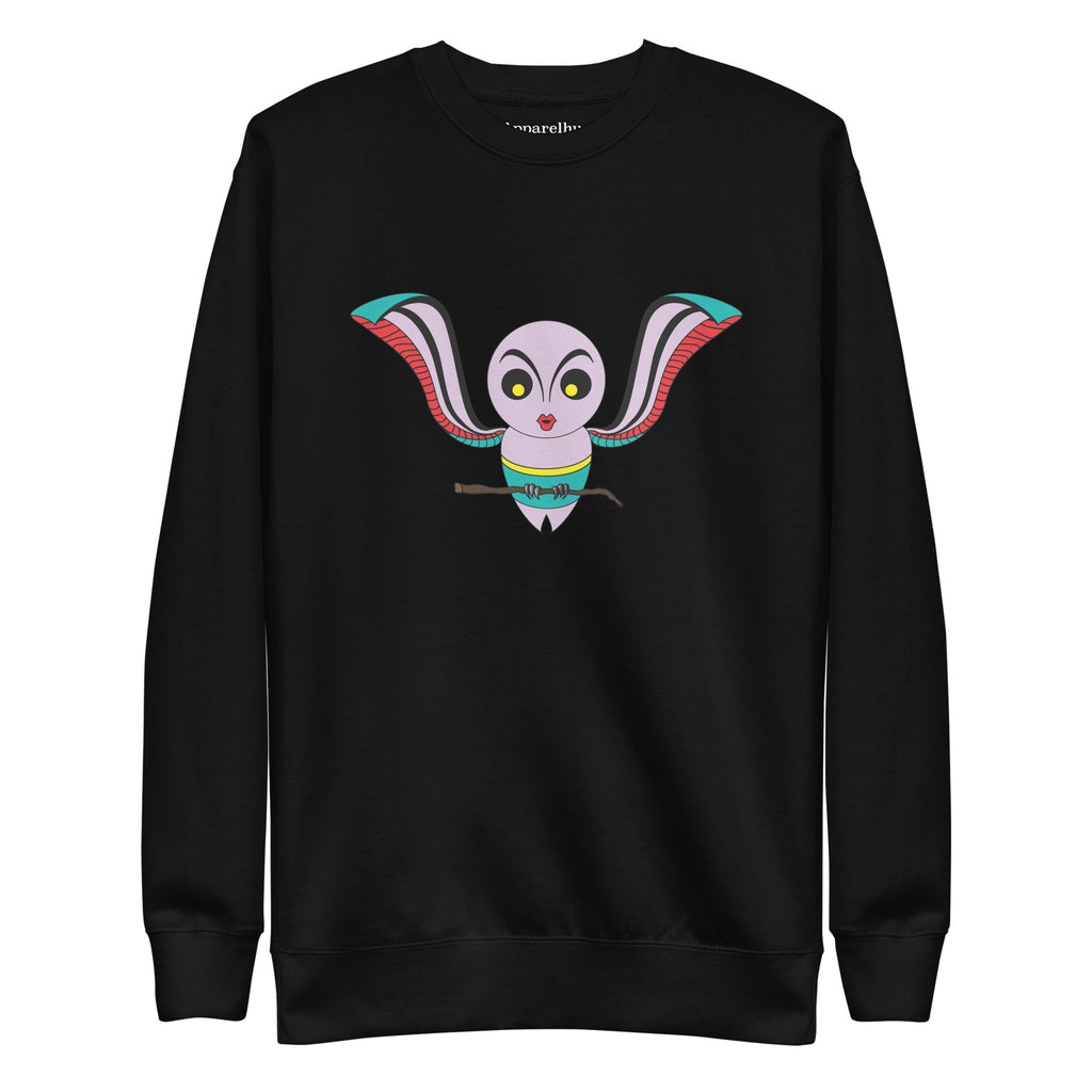 Black sweatshirt with a graphic print of an owl on the front.