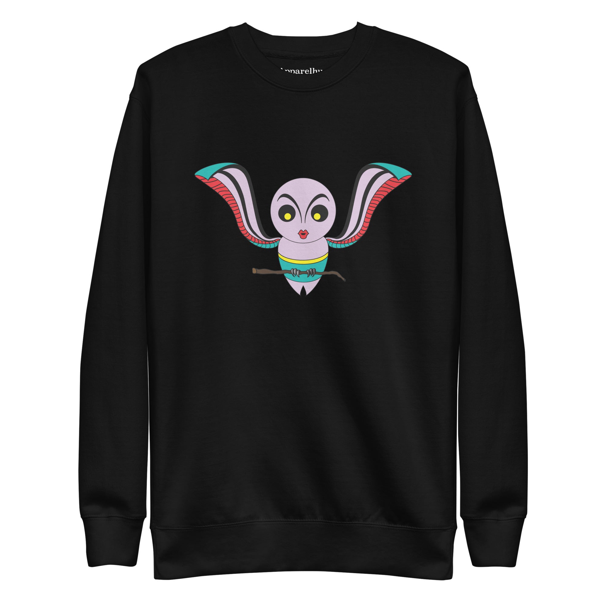 Black sweatshirt with a graphic print of an owl on the front.