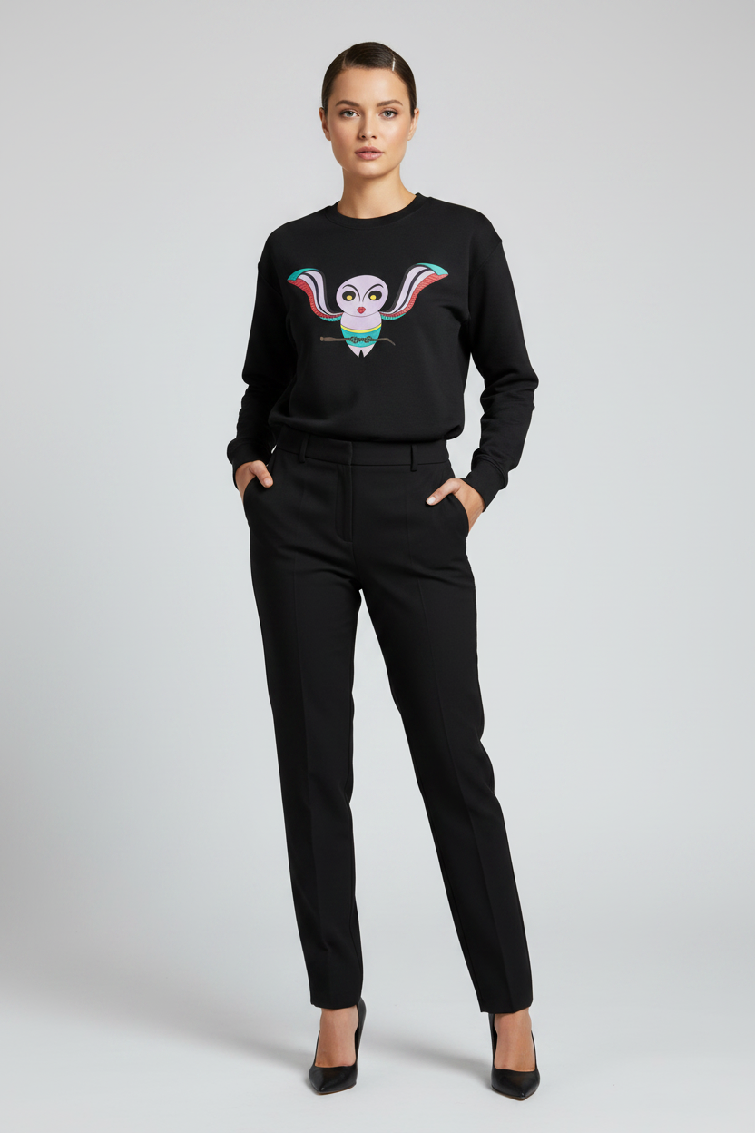Woman wearing a black sweater with a graphic design on a plain background
