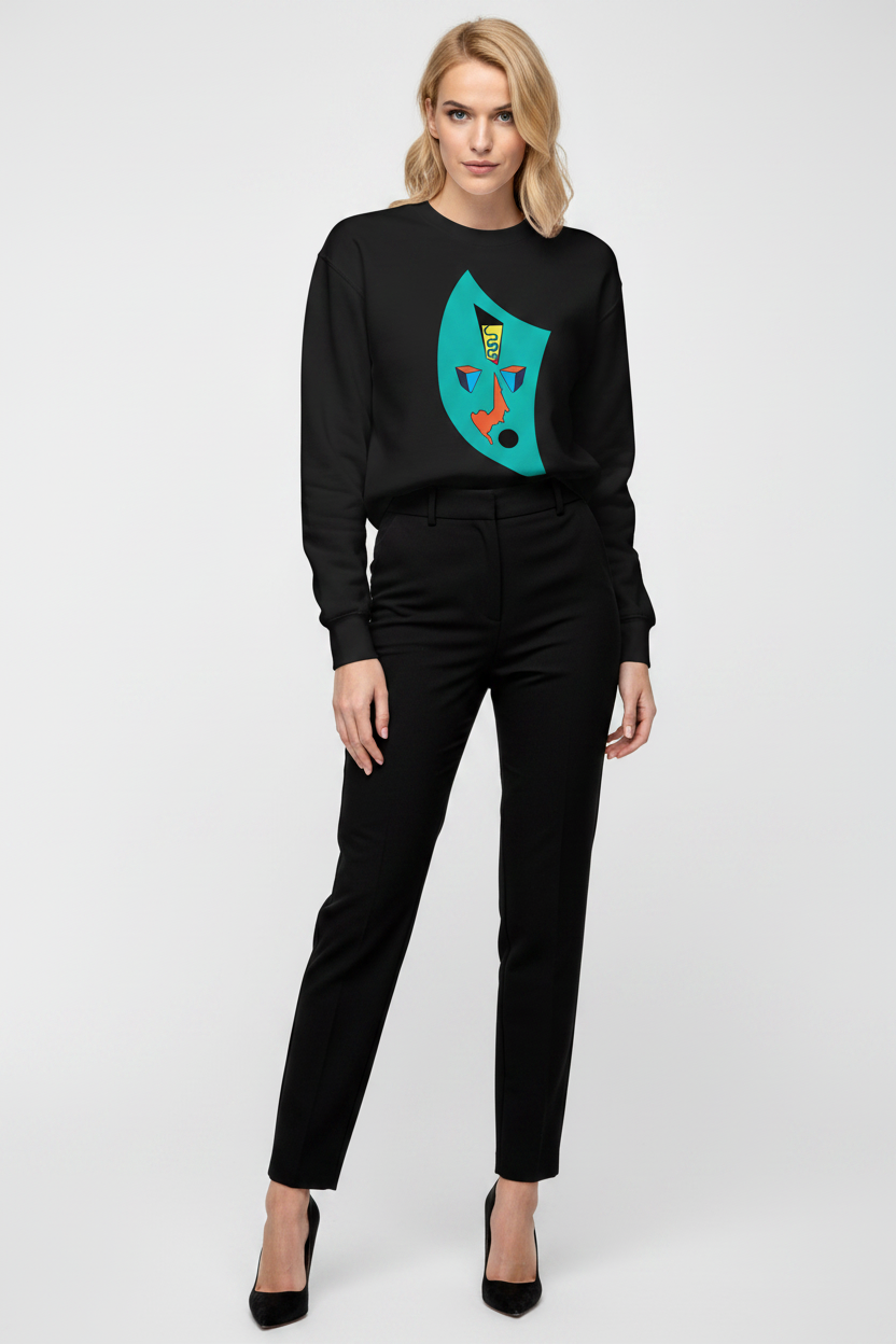 Woman wearing a black outfit with a colorful face design on a white background