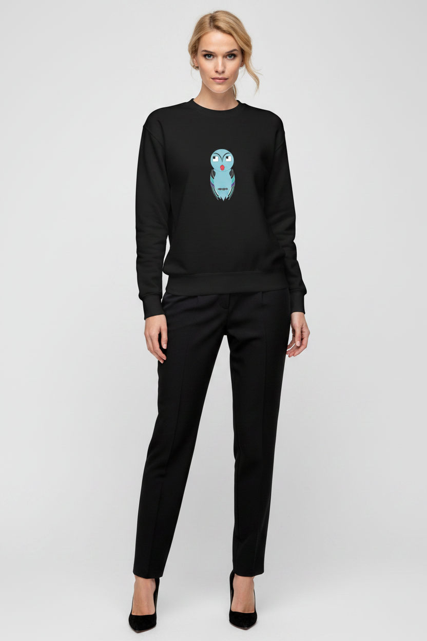 Woman wearing a black sweater with a graphic design on a white background